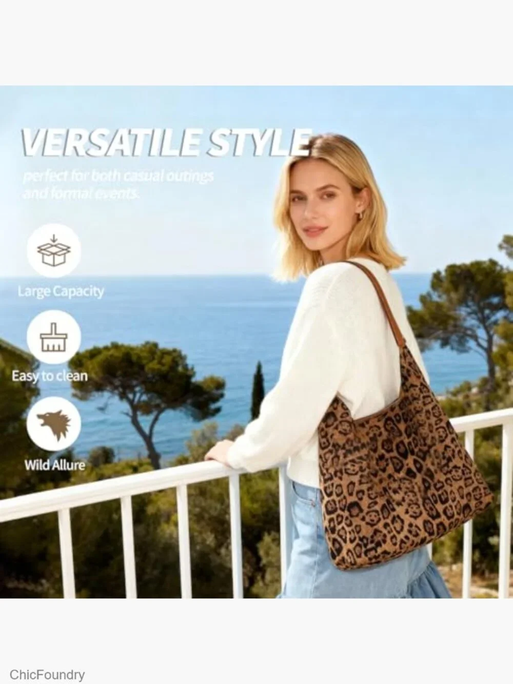 Faux Suede Leopard Hobo Bag - Large Tote with Pouch